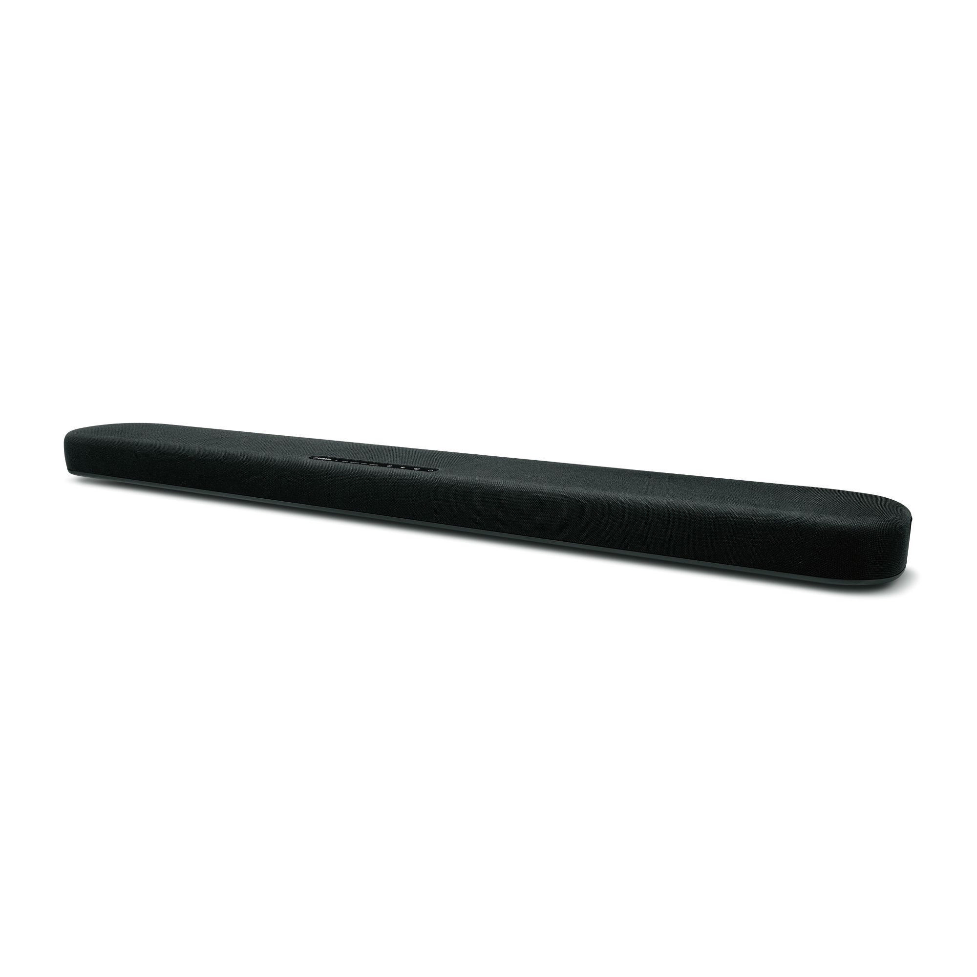 Eine schwarze Soundbar auf einer weißen Oberfläche. Sie ist lang und rechteckig.