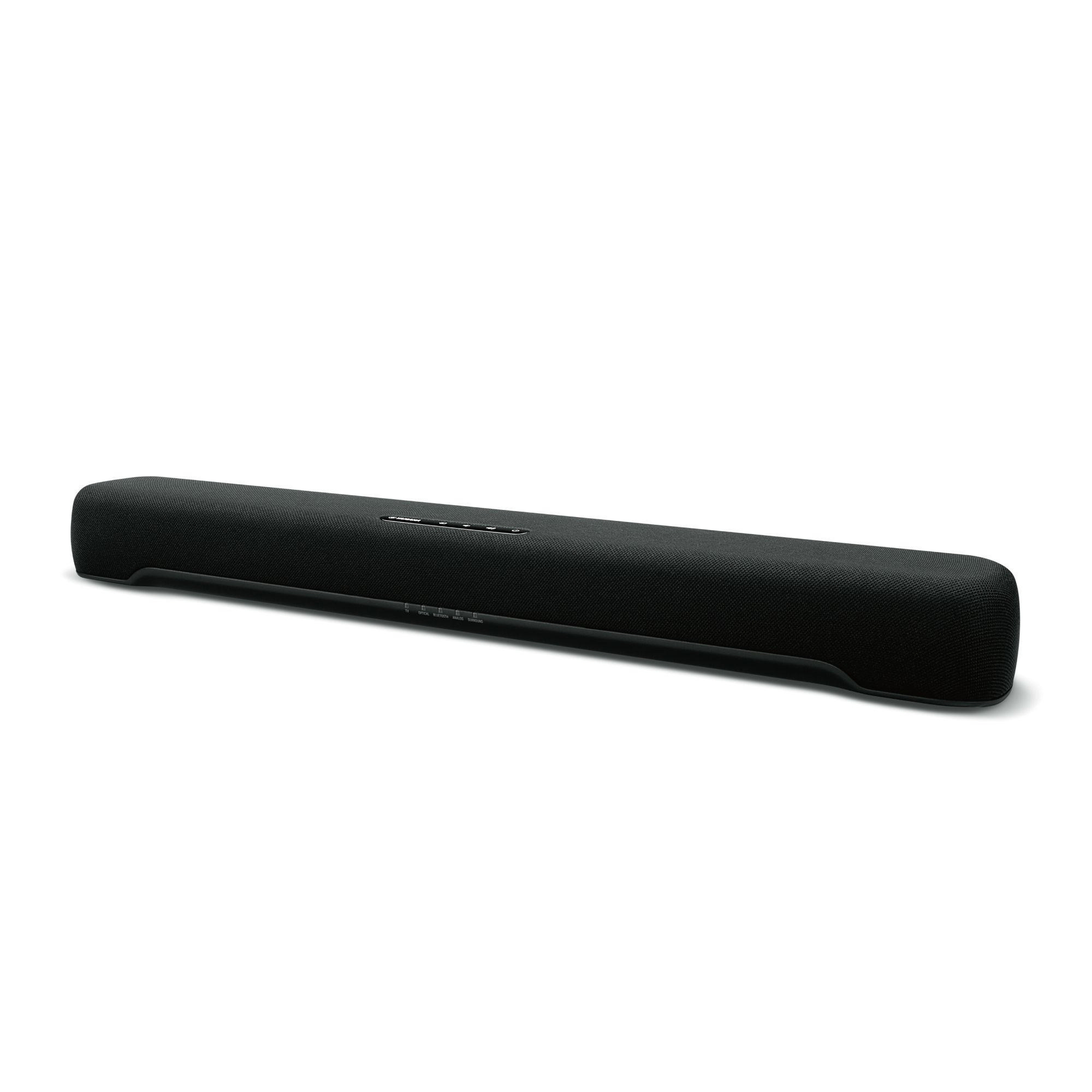 Eine schwarze Soundbar auf weißem Hintergrund mit dem Namen Yamaha.