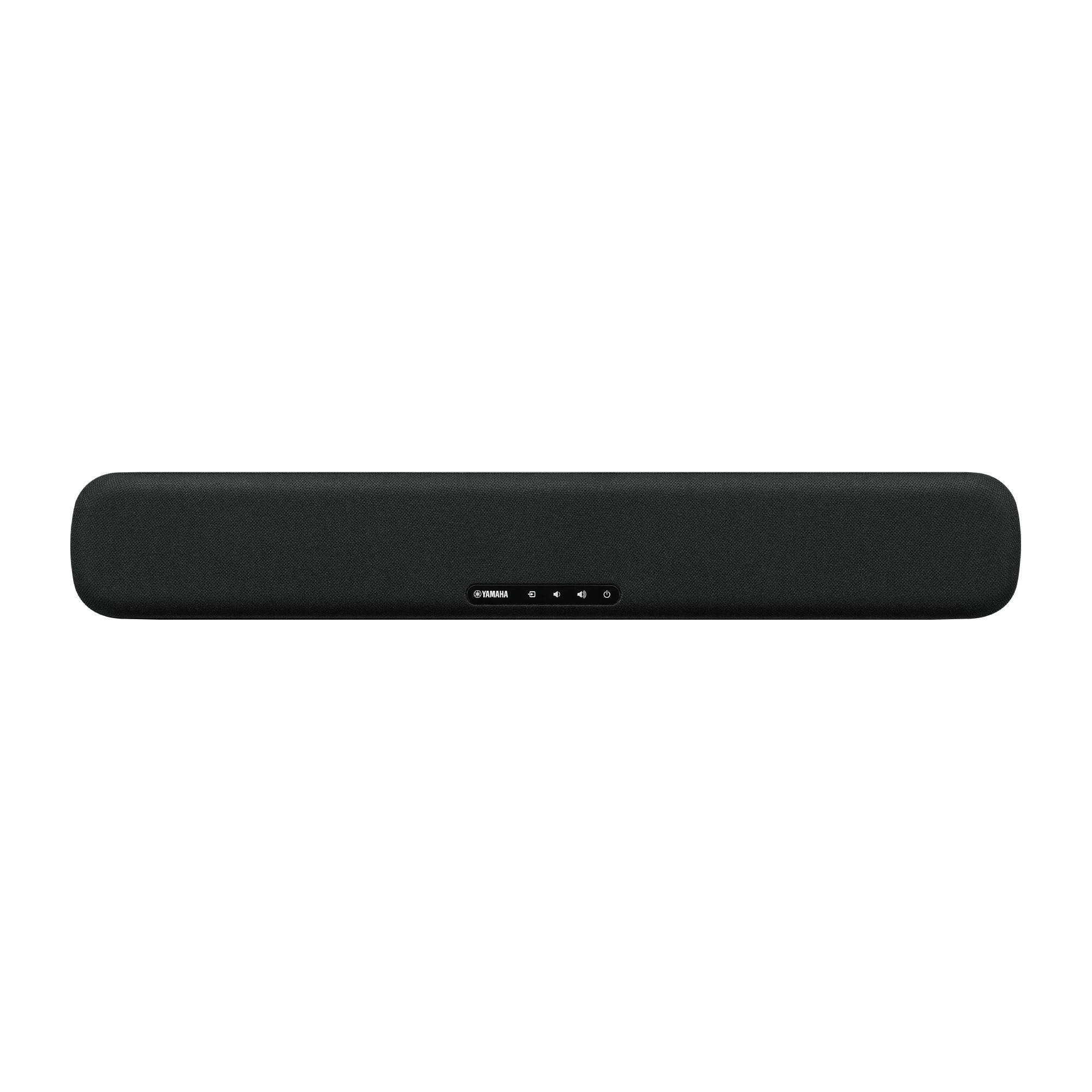 Schwarze Soundbar. Das Yamaha-Logo und die Steuertasten befinden sich in der Mitte.