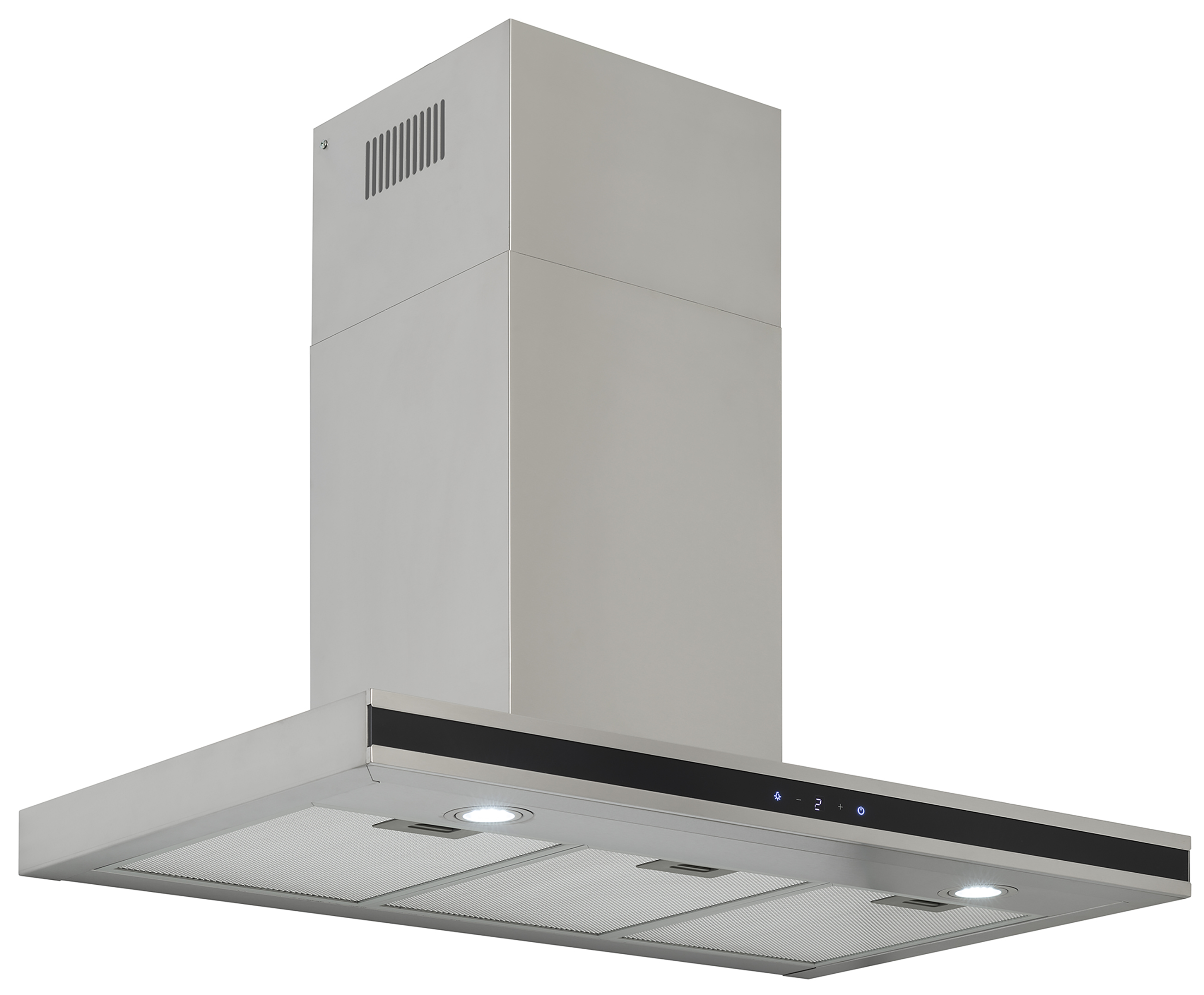 Een zilveren afzuigkap met een zwarte streep, twee lampen en een bedieningspaneel.