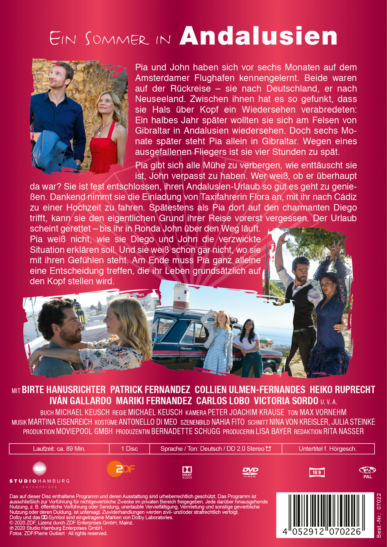 Rückseite einer DVD-Hülle. Sie zeigt Schauspieler, Text und Bilder aus einem Film in Andalusien.