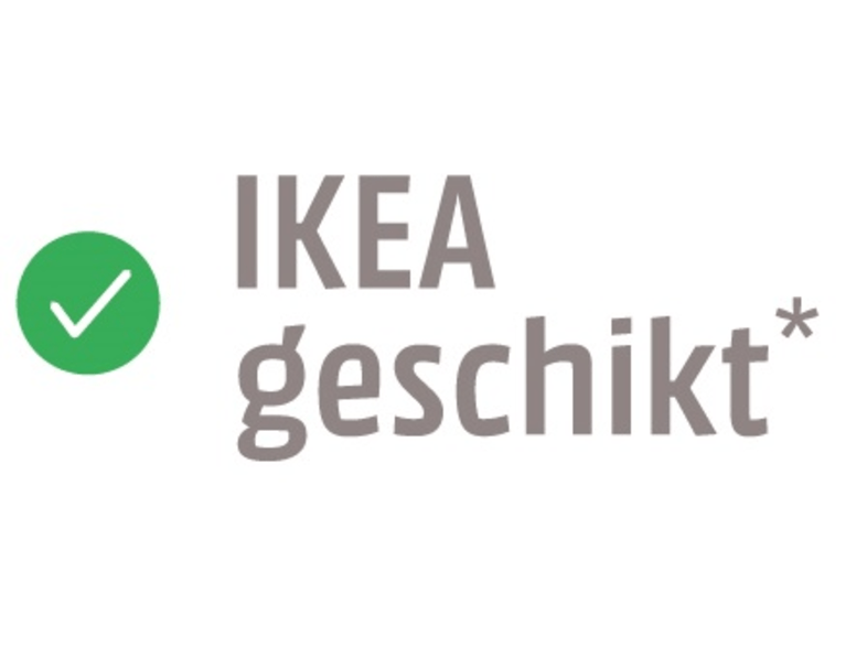 Het IKEA-logo met de woorden 'IKEA geschikt'. Een groen vinkje staat links van de tekst.