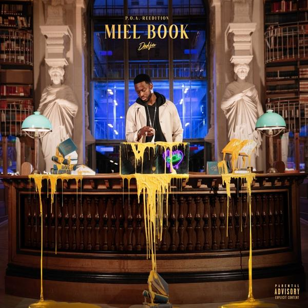 Couverture de l'album 'Miel Book' de Dadju. Un homme dans une bibliothèque avec du miel qui coule.