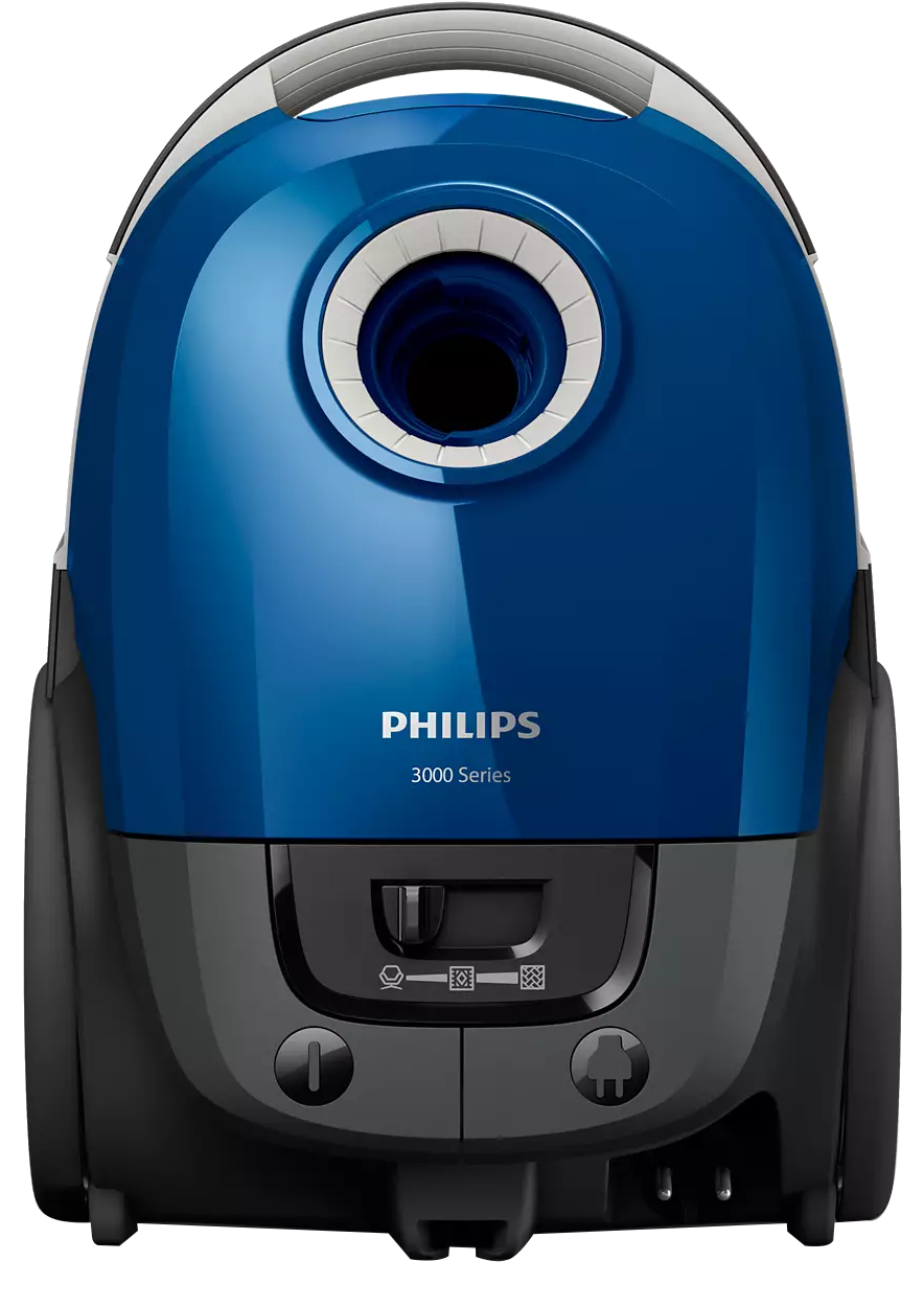 Egy kék és szürke Philips porszívó. Kerek kialakítású, elöl Philips felirattal.