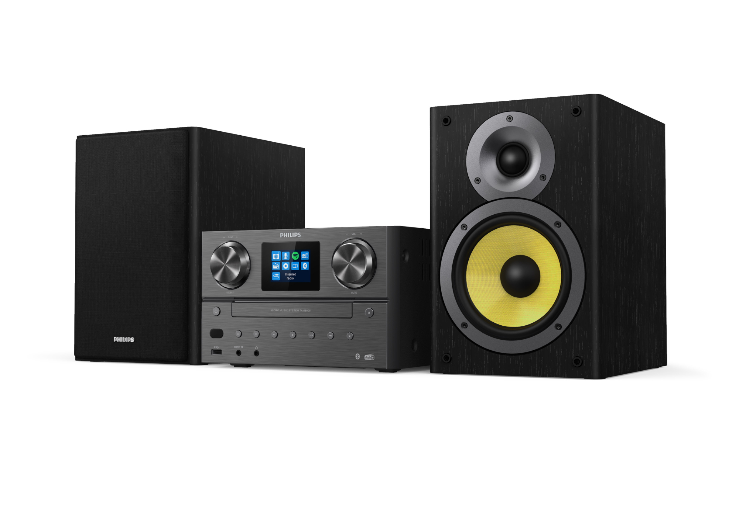 Philips Audiosystem mit Subwoofer, Haupteinheit und Lautsprecher. Weißer Hintergrund.