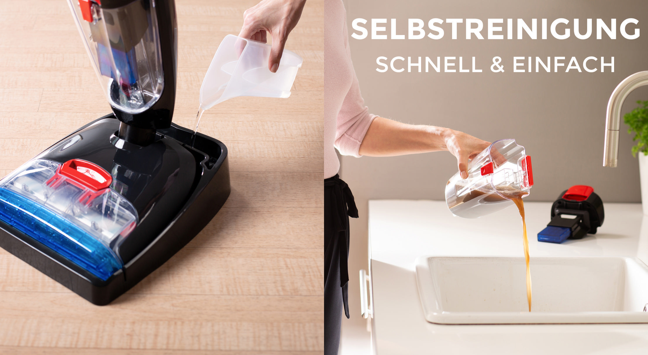 Eine Person gießt Wasser in ein Reinigungsgerät, neben einem Waschbecken, Reinigungsmittel wird gegossen.
