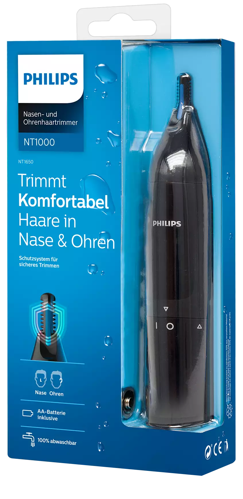 Philips orr- és fülszőrnyíró a csomagolásban. A doboz kék-fehér, a fekete nyíró látható.