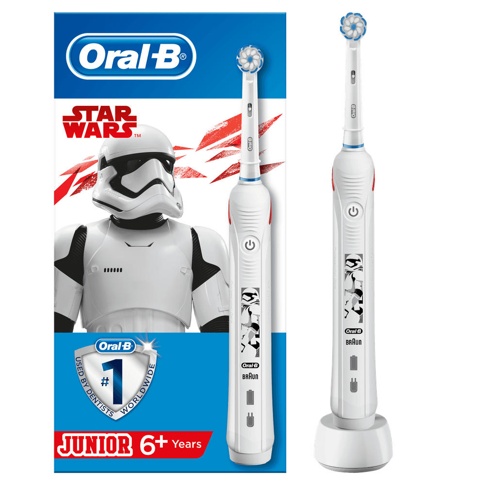 Cepillo de dientes eléctrico Oral-B Star Wars Junior y caja con Stormtrooper.