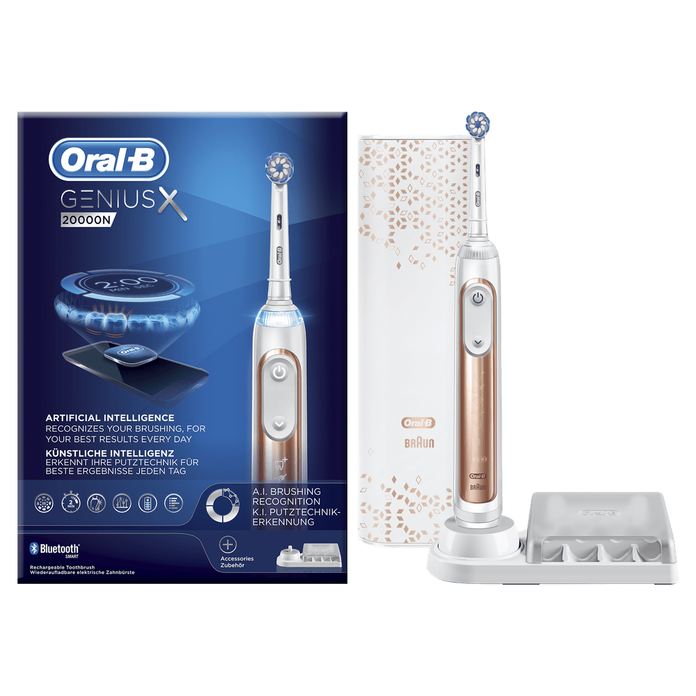 Cepillo Genius 6 modos de función bluetooth rosablanco oralb x dientes con mango recargable tecnología braun 1 cabezal recambio limpieza y funda viaje 20000 20000n
