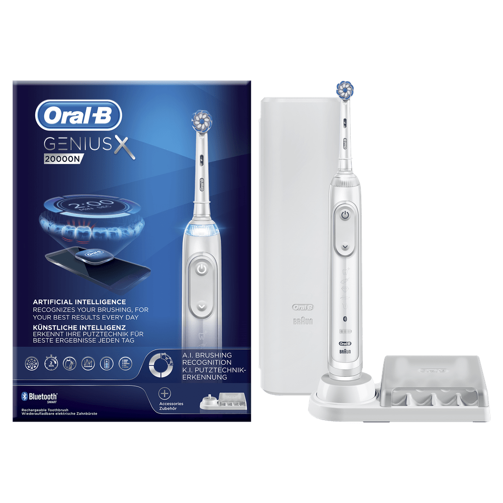 Oralb Genius X cepillo dientes con mango recargable tecnología braun 1 cabezal recambio 6 modos limpieza y funda viaje premium 20000 blanco 20000n bluetooth 80324759