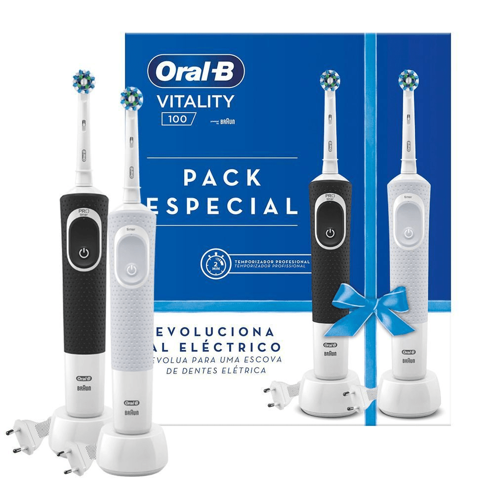 Cepillo elécrico - Oral-B Set Vitality Cross Action, Recargables, Pack de 2 unidades, Blanco y negro