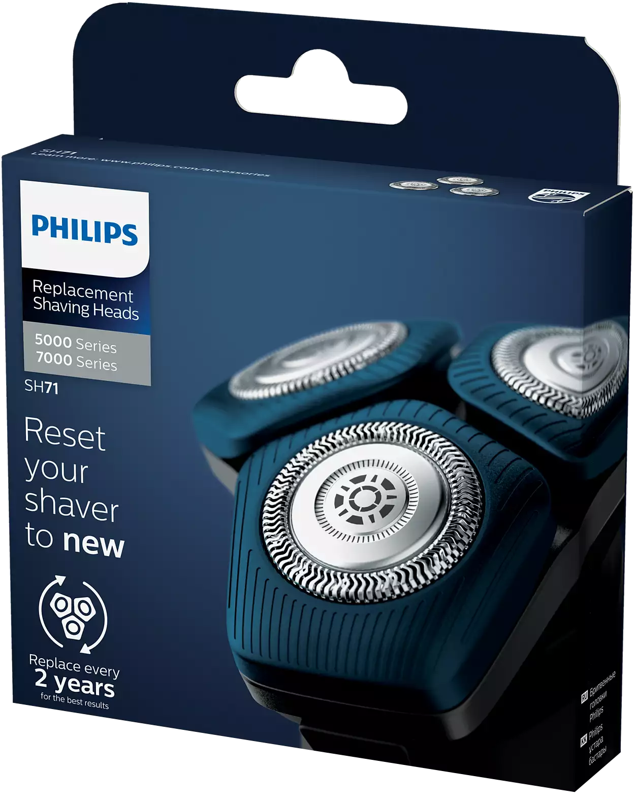 Egy kék Philips doboz borotvafejjel. A dobozon a 'Csere borotvafejek' és a 'Állítsa vissza a borotvát' felirat olvasható.