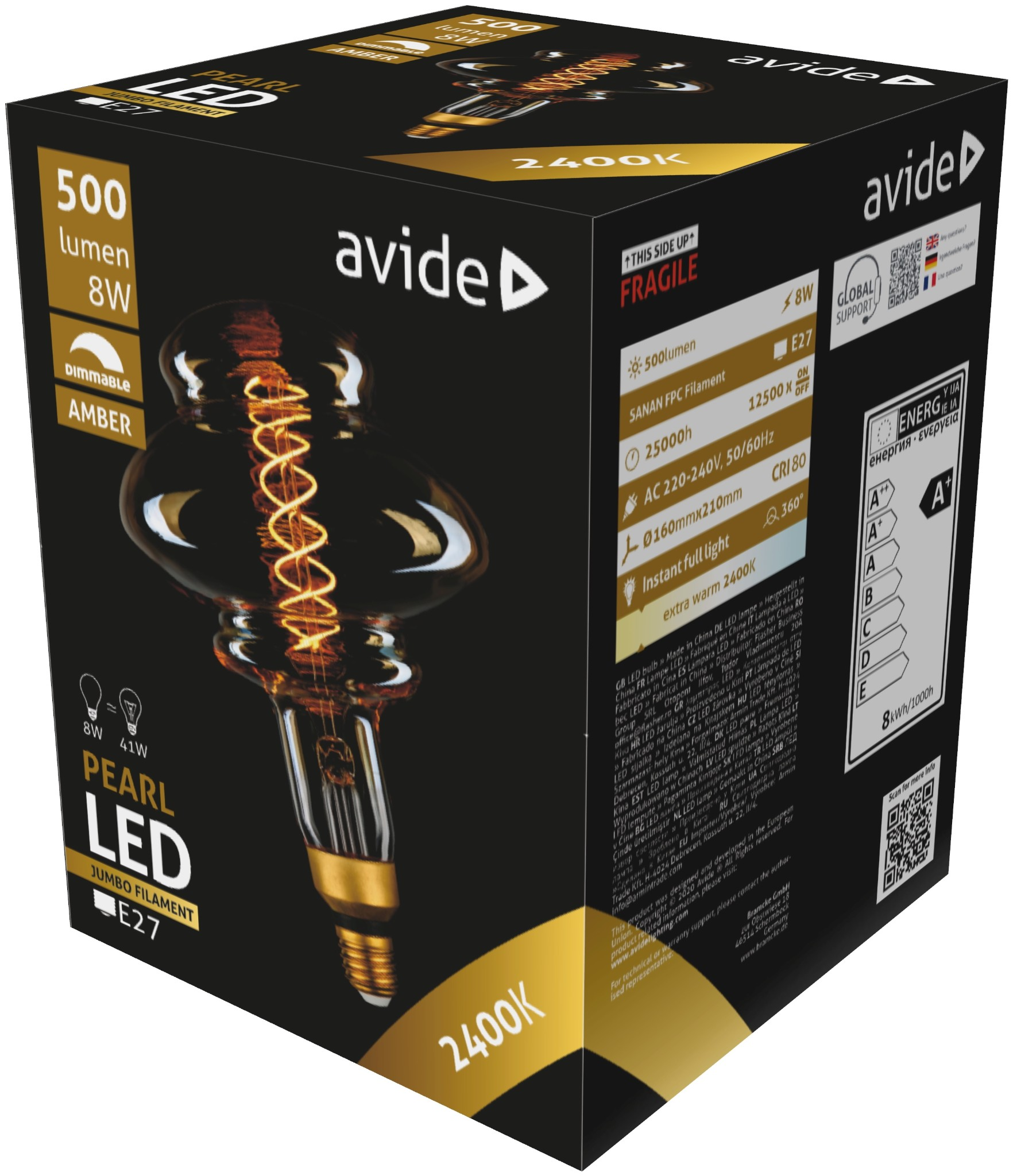 Pearl LED izzó doboza. A doboz fekete, és szöveg van rajta.