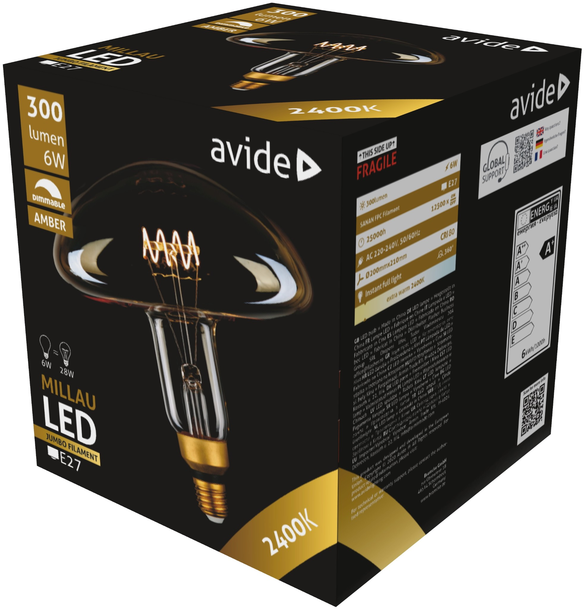LED izzó doboz, fekete, a fényerőre és az energiahatékonyságra vonatkozó részletekkel.