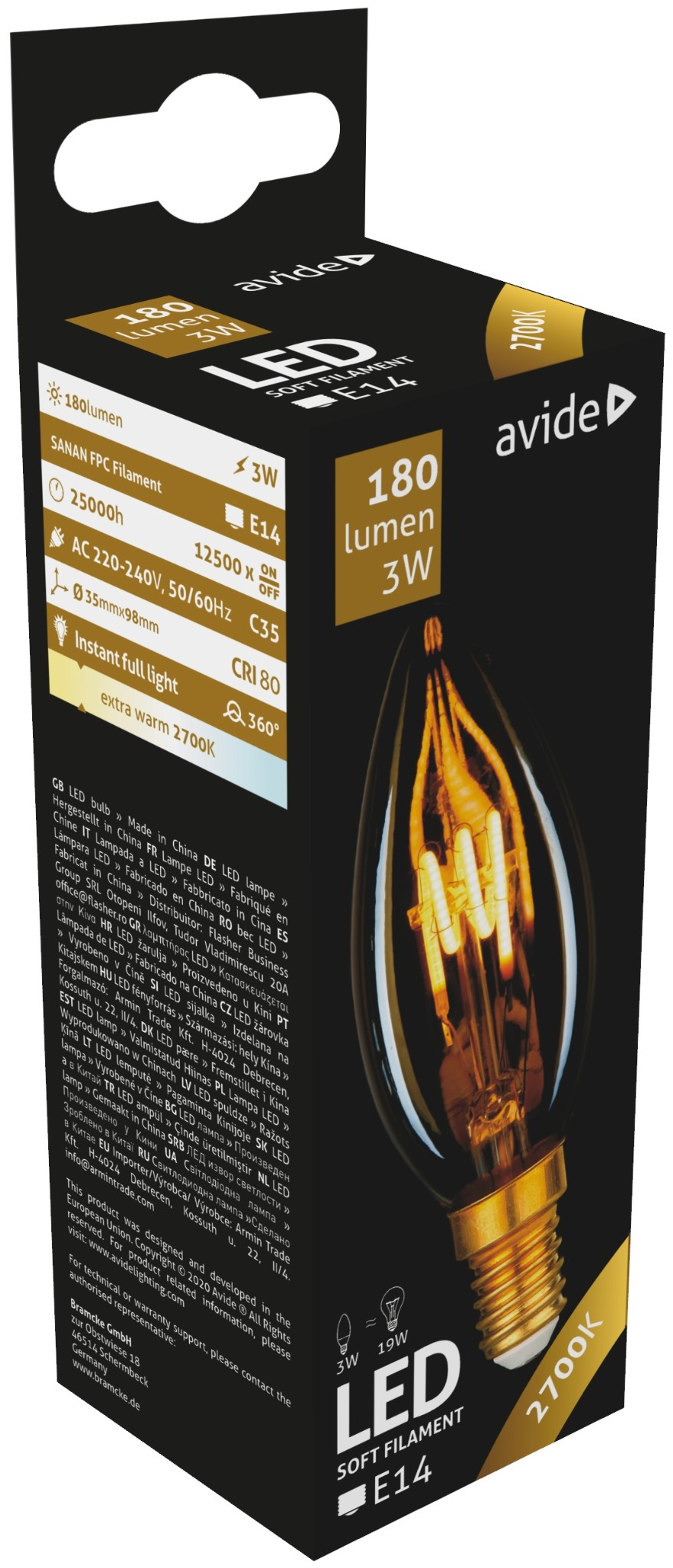 LED-izzó doboz, fekete, az izzó kilátásával és szöveges részletekkel.