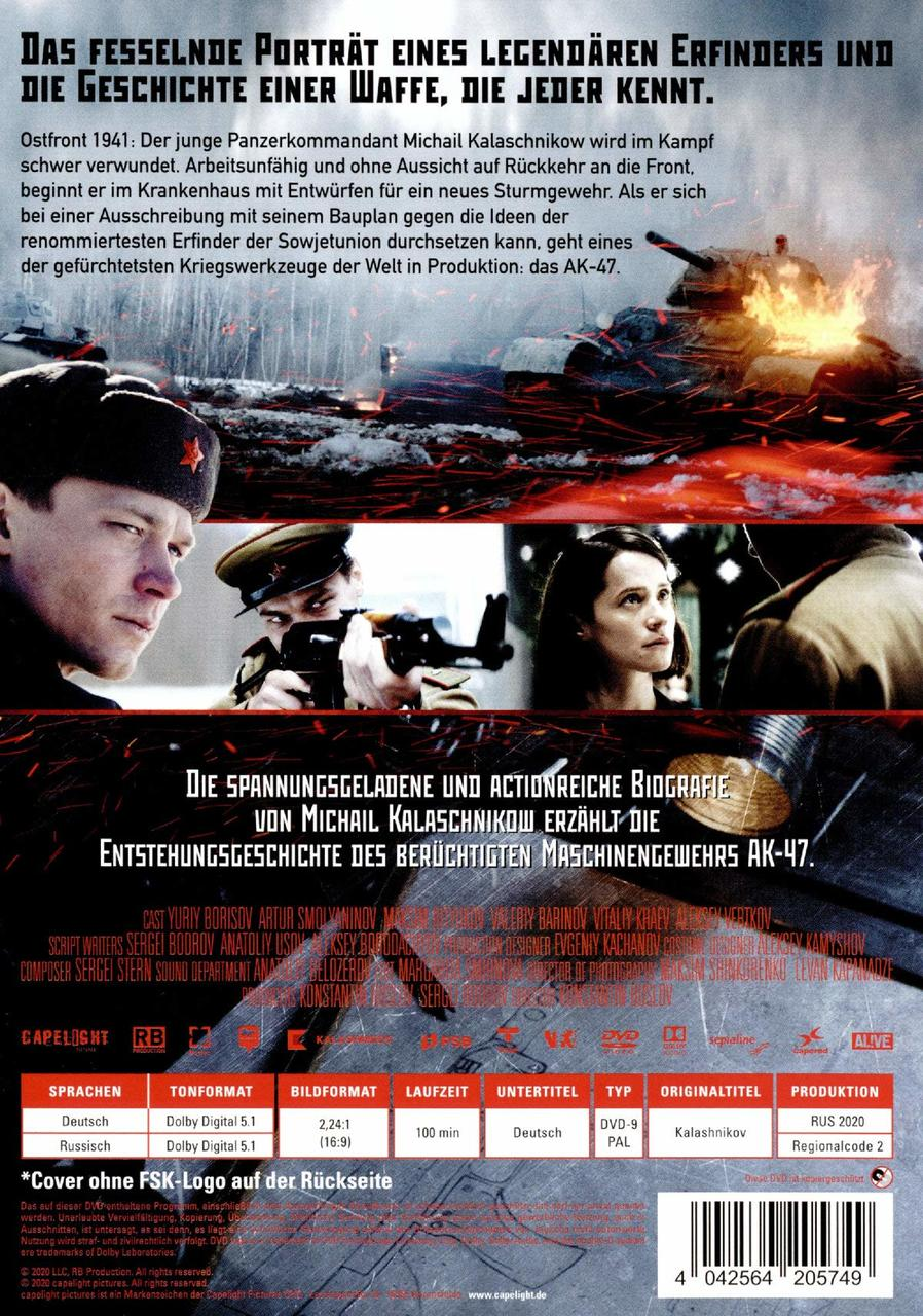 Rückseite einer DVD, die einen Film über das AK-47-Gewehr zeigt, mit Schauspielern und Text.