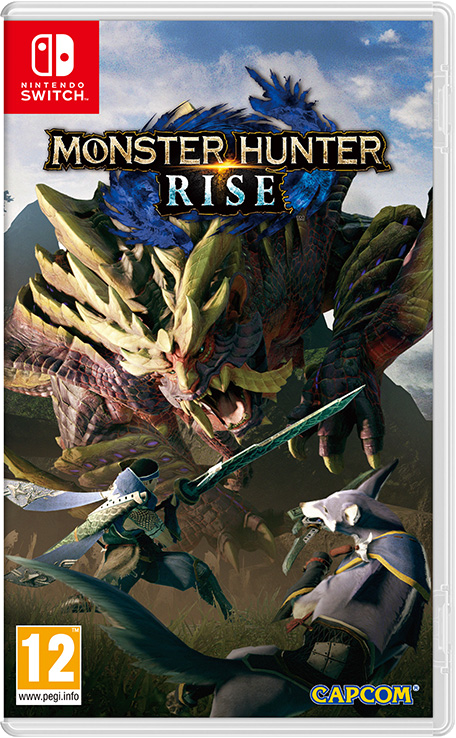 Nintendo Switch gamebox: Monster Hunter Rise. Monster en krijgers in de strijd.