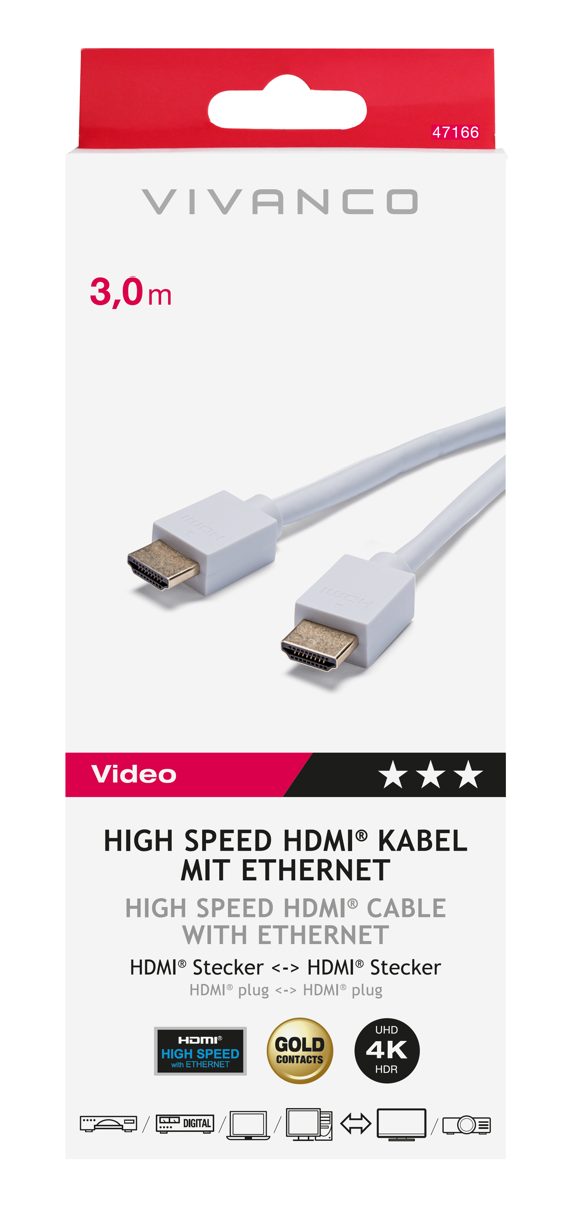 Weiße Vivanco HDMI-Kabelverpackung mit Anschlüssen und Text.