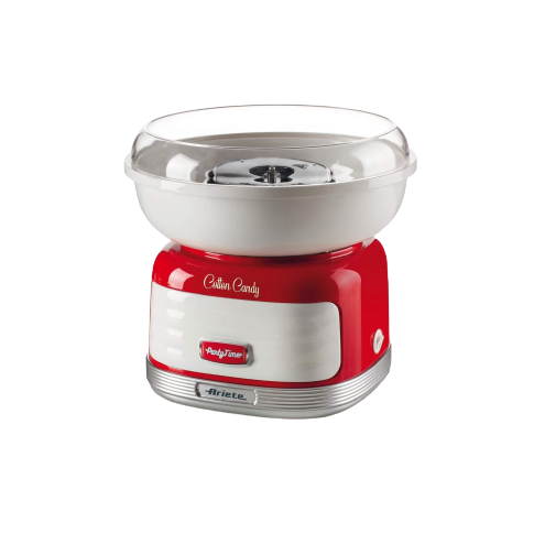Rote und weiße Zuckerwattemaschine. Klares Oberteil, silberne Akzente und ein roter Sockel.