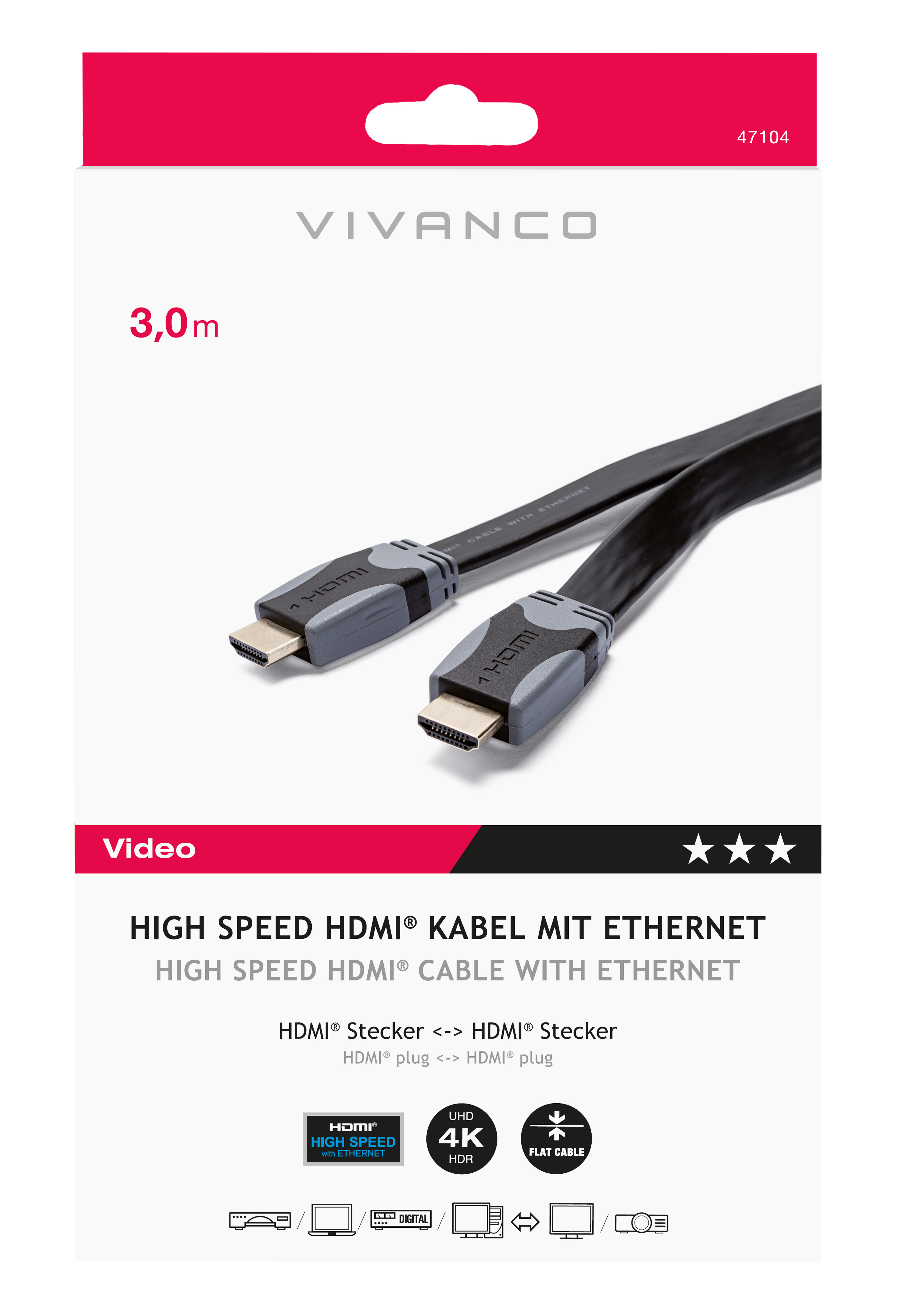 HDMI-Kabel in einer Verpackung mit Text und Logos. Weißer Hintergrund.