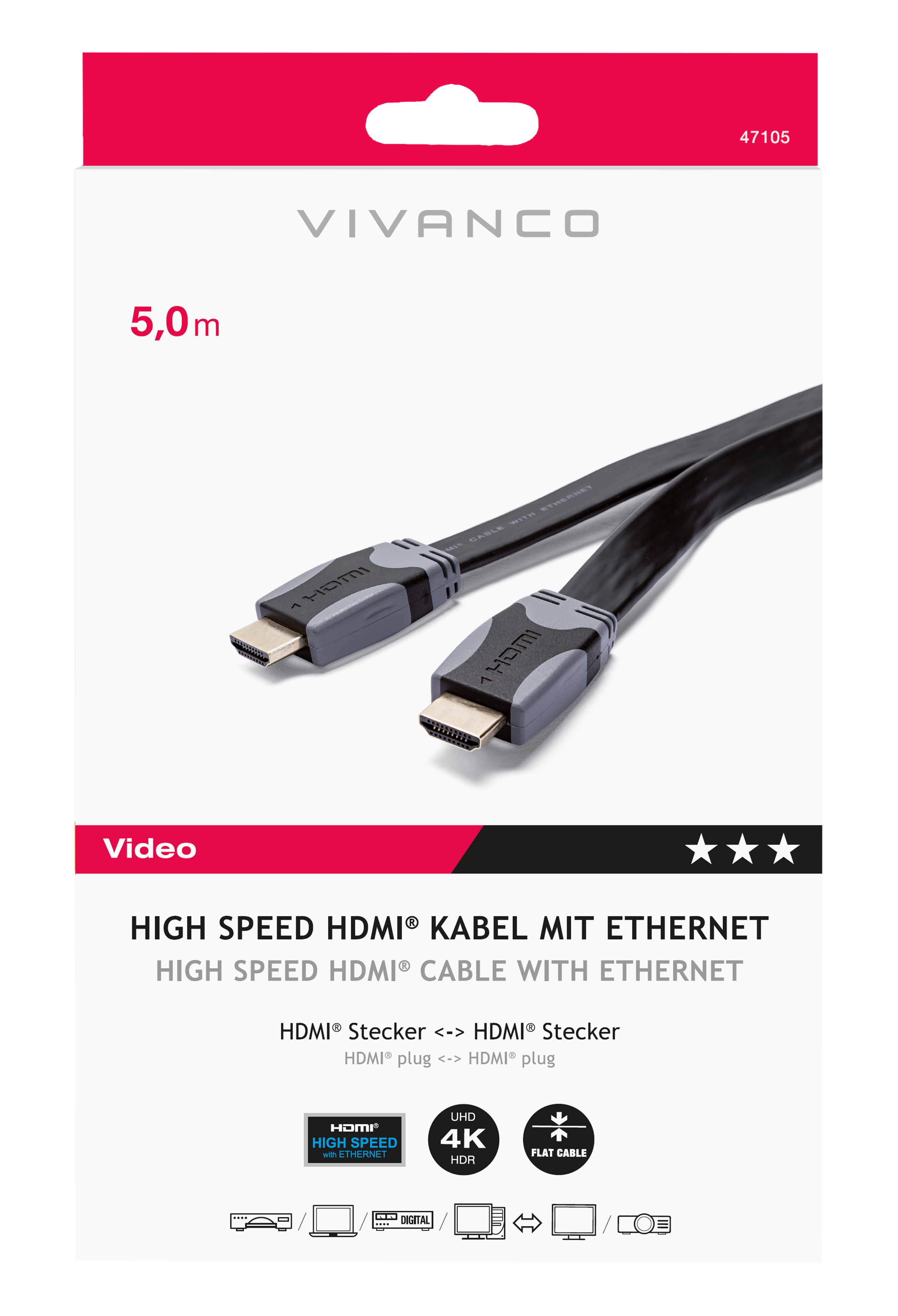 Schwarzes HDMI-Kabel mit grauen Steckern auf weißem Hintergrund.