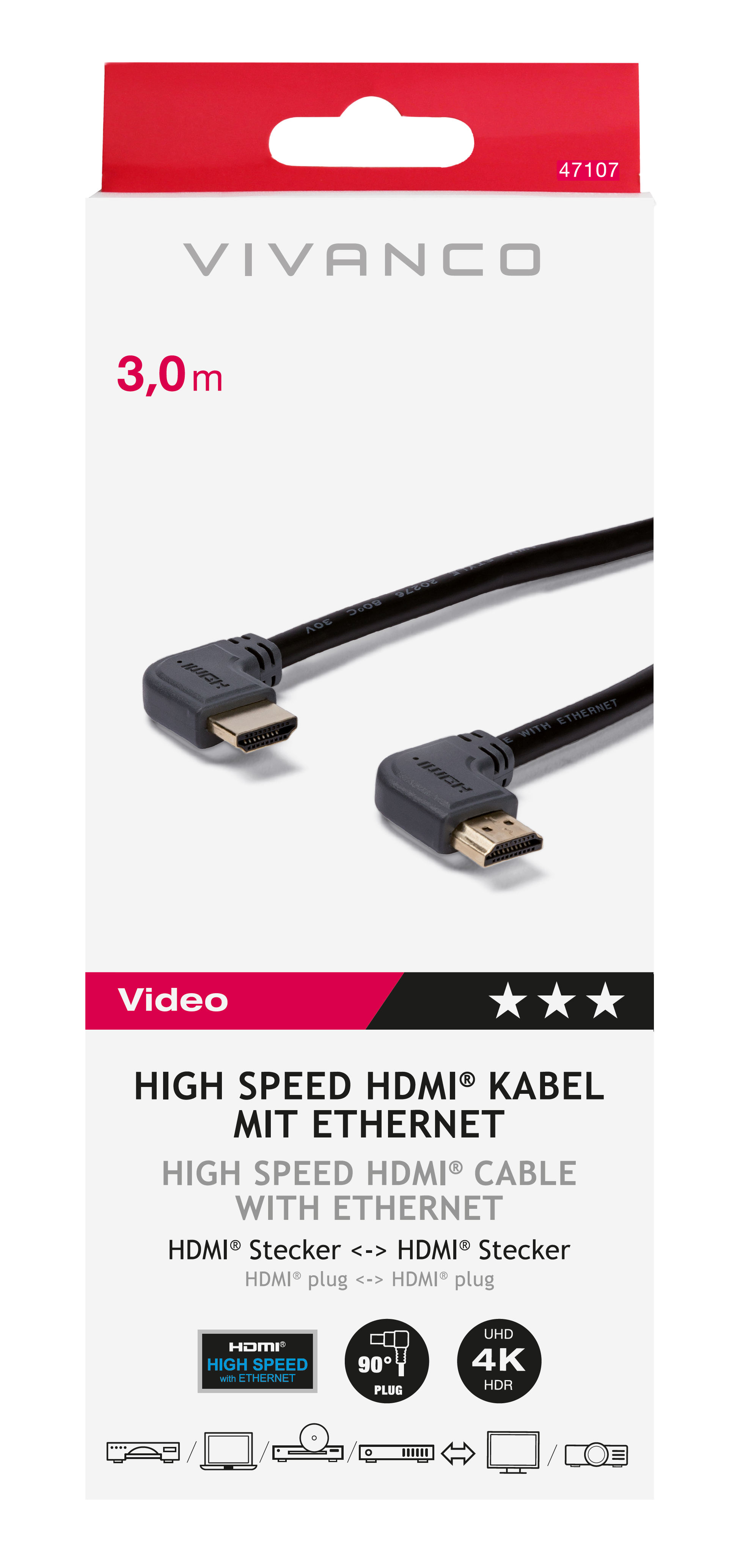 Ein schwarzes HDMI-Kabel in einer Box. Die Box ist weiß und rot und zeigt Kabeldetails und Anschlüsse.