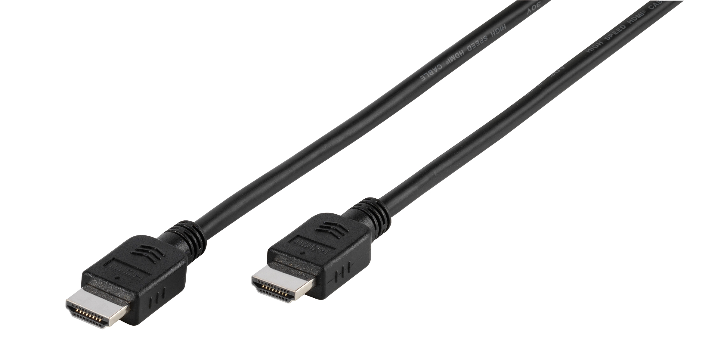 Schwarze HDMI-Kabel mit Anschlüssen, High-Speed-Etikett vor weißem Hintergrund.