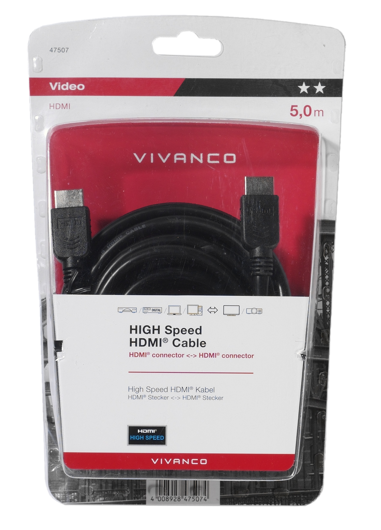 Ein High-Speed-HDMI-Kabel in Einzelhandelsverpackung. Die Verpackung ist rot und schwarz, mit der Marke Vivanco.