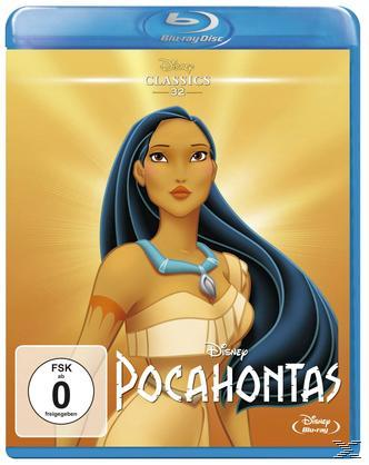 Pocahontas Blu-ray-Cover. Eine Frau mit langen schwarzen Haaren, die eine Halskette trägt, ist im Bild.