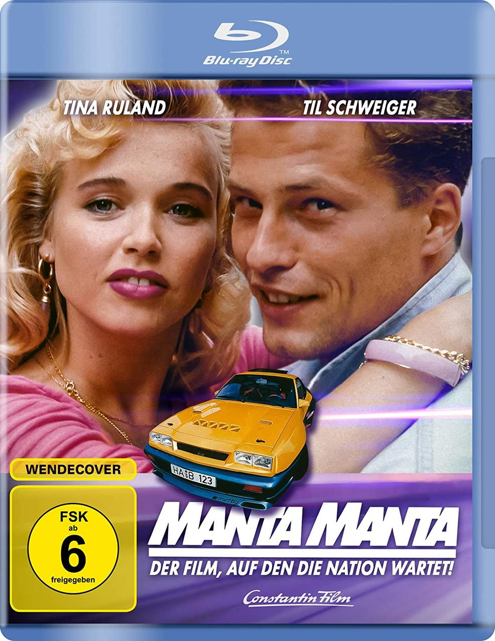 Filmcover von Manta Manta, einem Film mit zwei Schauspielern und einem gelben Sportwagen.