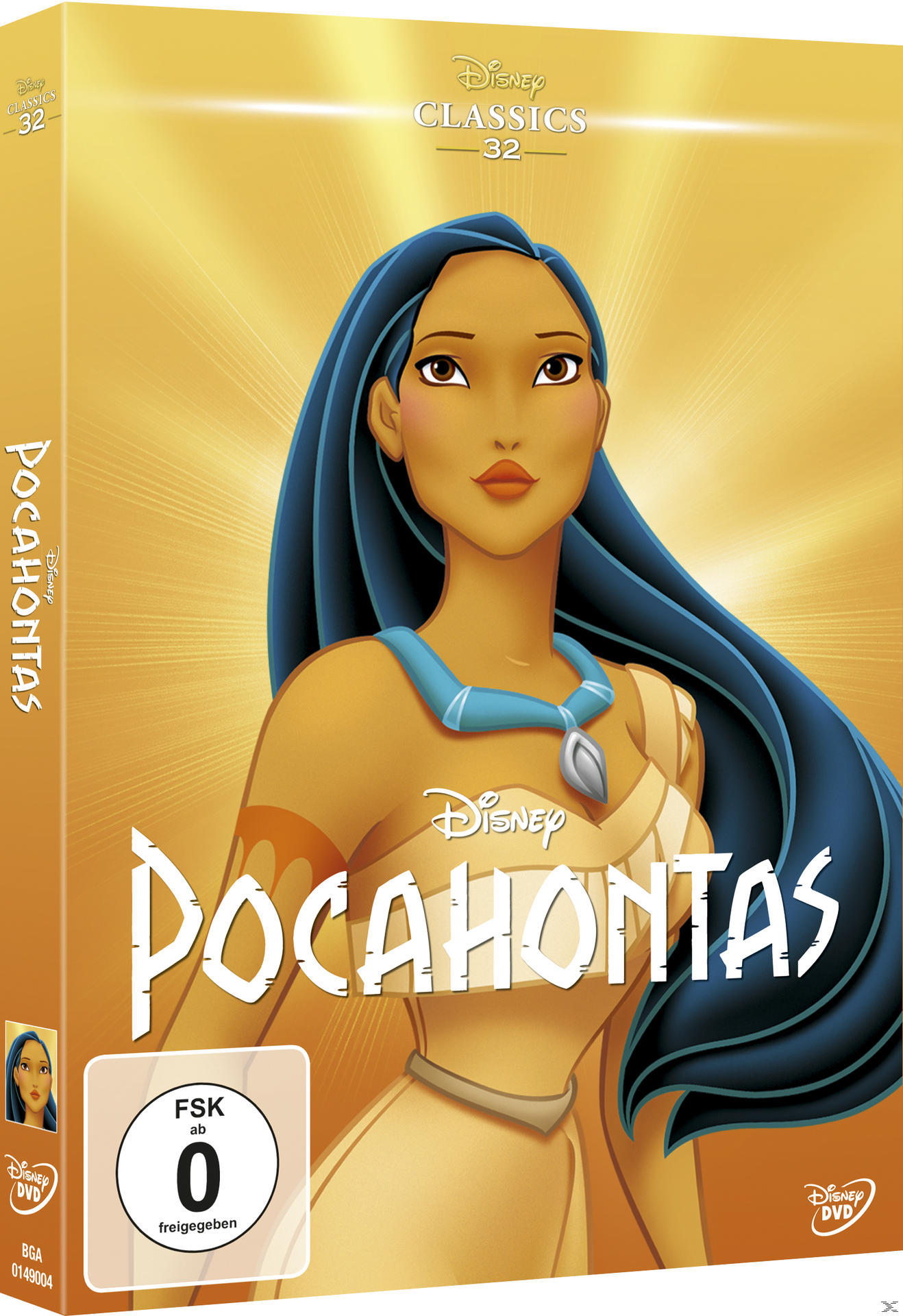 Pocahontas DVD-Box-Art. Eine Cartoon-Illustration von Pocahontas befindet sich auf dem Cover.