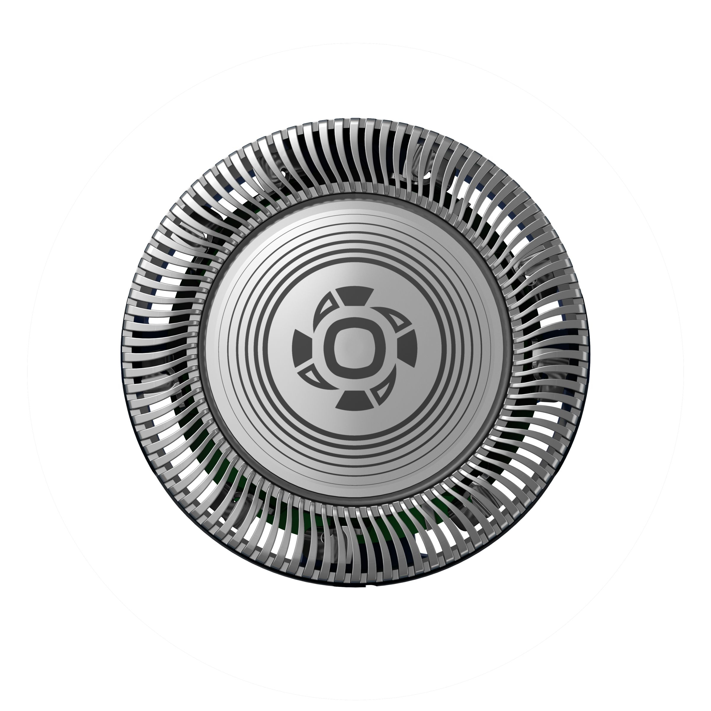 Kreisförmiger Rasiererkopf. Chrom- und Schwarz-Design. Der innere Teil hat ein Design.
