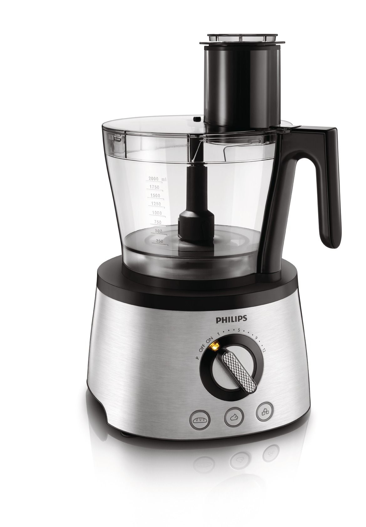 Silberner und schwarzer Philips-Küchenmixer auf Weiß, mit Drehregler und Behälter.