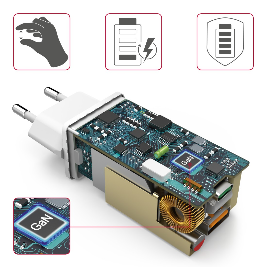 Elektronisches Gerät mit internen Komponenten, das einen GaN-Chip und mehrere Ladesymbole zeigt.
