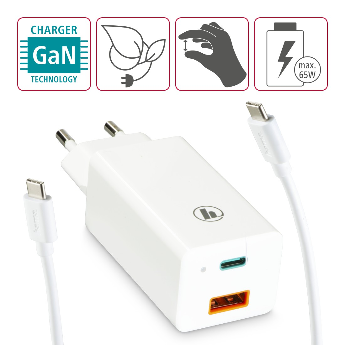 Weißes Ladegerät mit zwei USB-C-Anschlüssen und Kabel, mit Symbolen darüber.