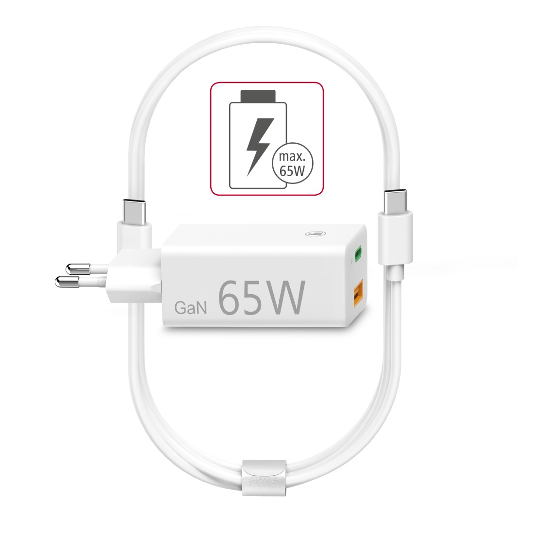 Ein weißes Ladegerät mit 65W-Label, mehreren Anschlüssen und einem Ladekabel.