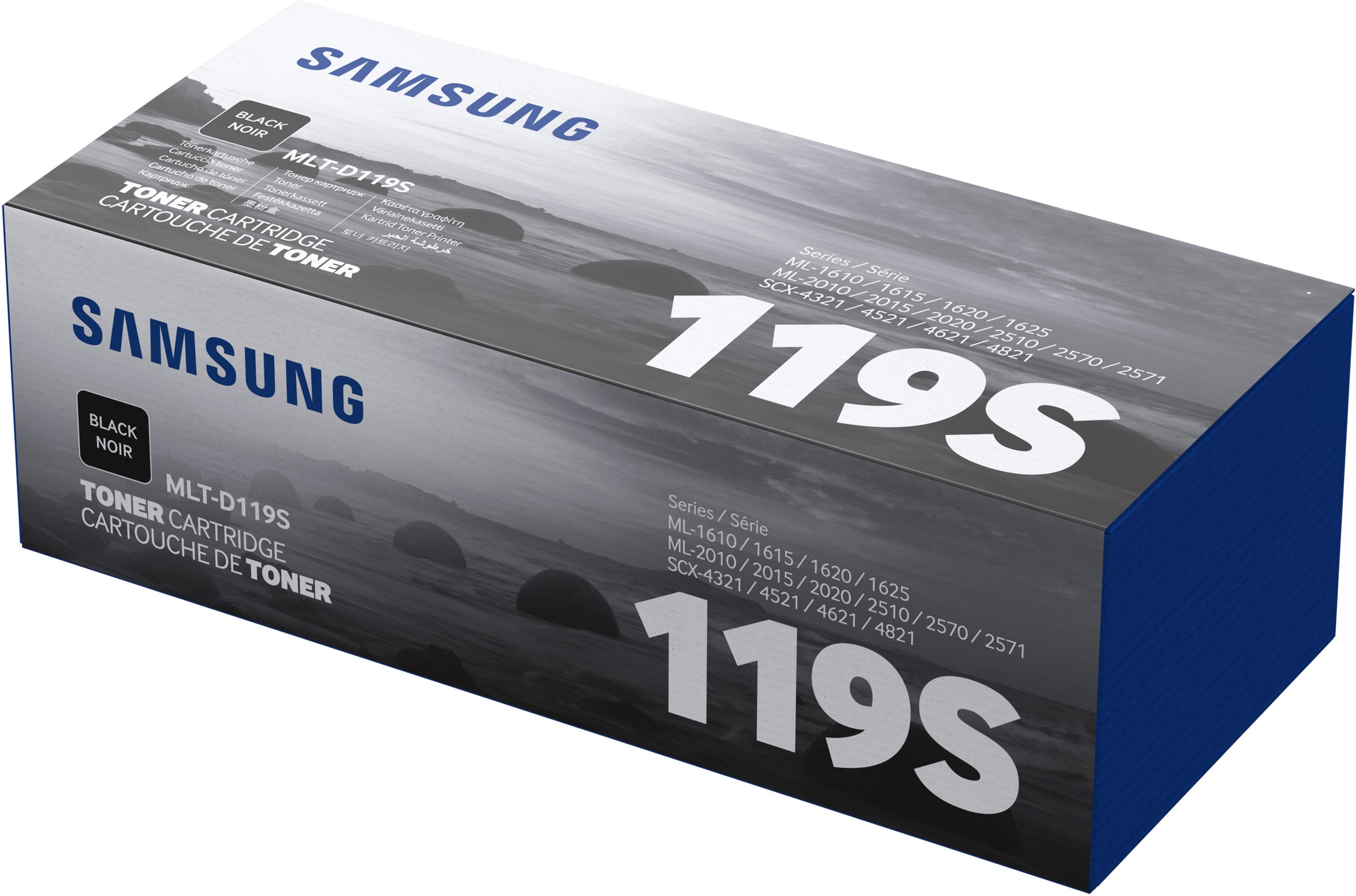 Samsung schwarze Tonerkartuschenbox, mit Text in mehreren Sprachen.