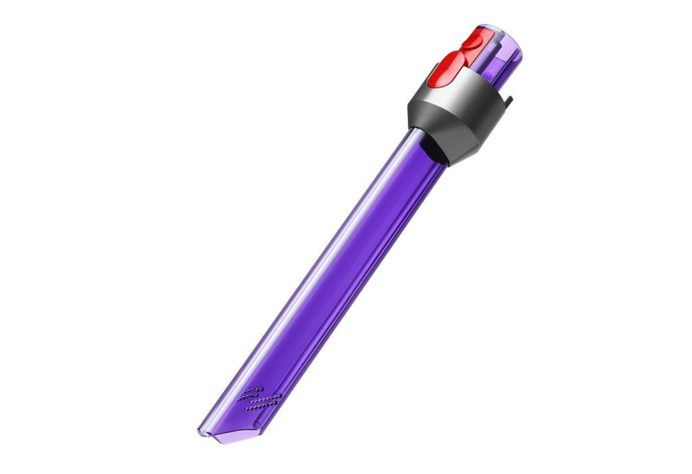 Ein violetter Dyson Staubsaugeraufsatz mit rotem Knopf.