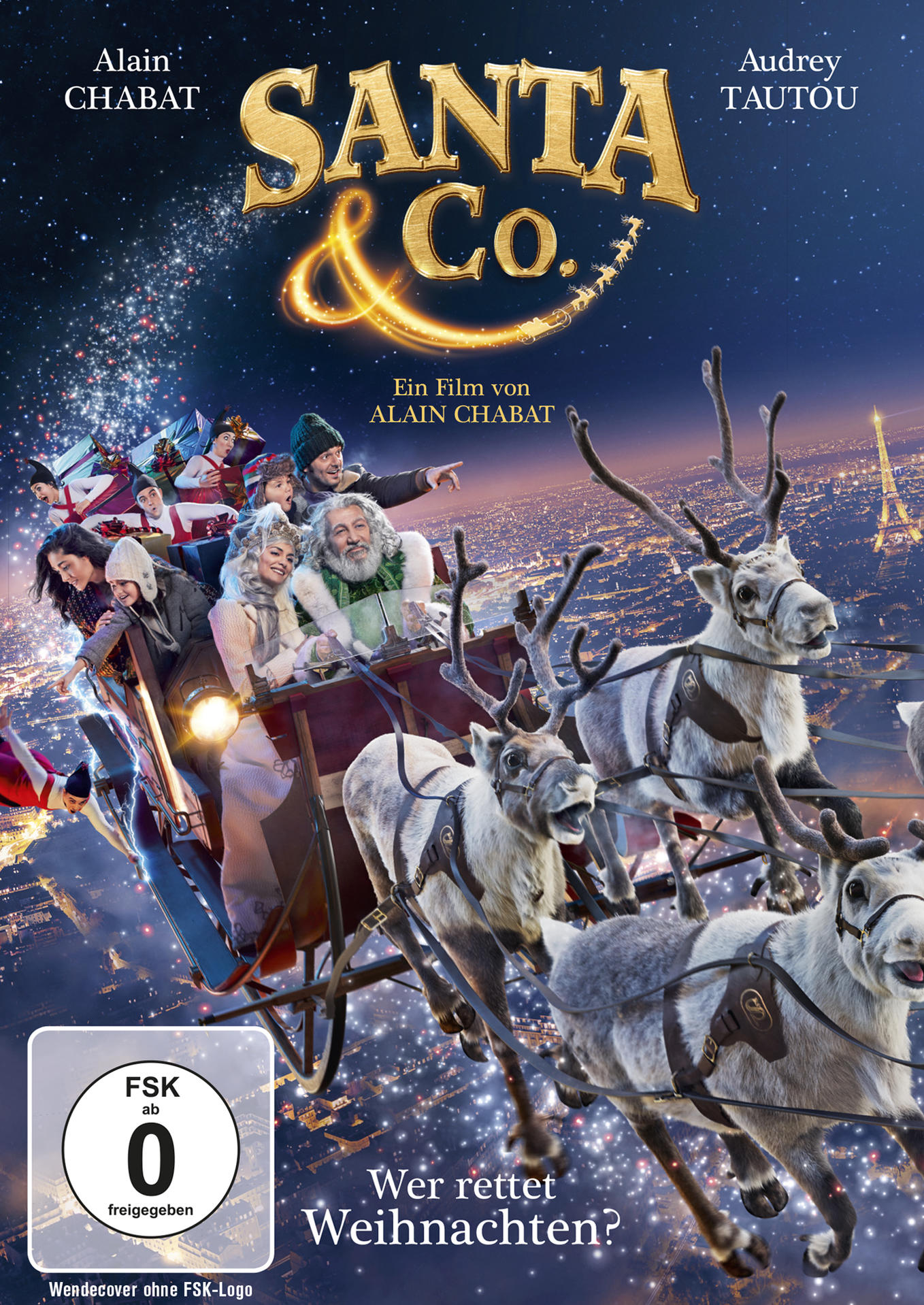 Filmposter: Santa & Co. Santa's Schlitten mit Rentieren fliegt über eine Stadt. Text auf Französisch.