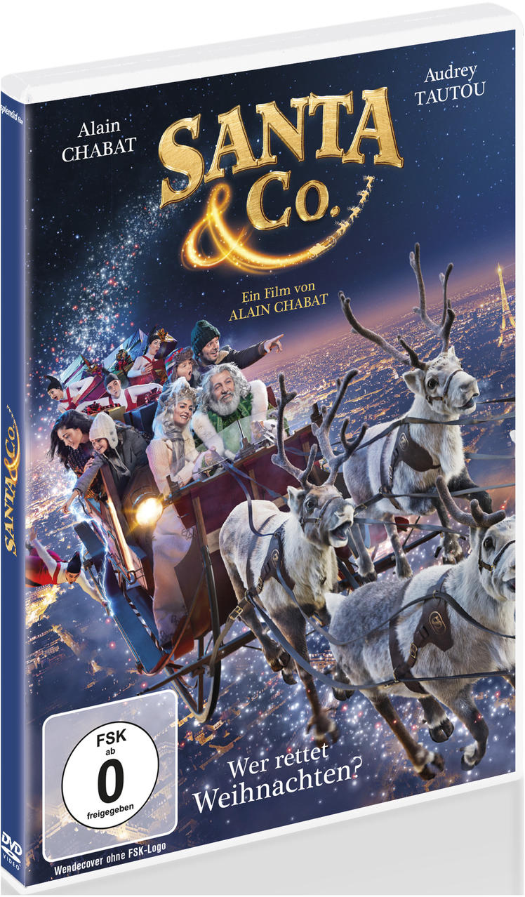 DVD-Hülle für einen Weihnachtsfilm, Weihnachtsmann und Rentiere fliegen, mit Text.