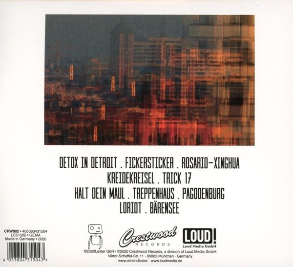 CD-Cover mit Text in mehreren Sprachen. Enthält Künstlernamen und eine Stadtbildgrafik.