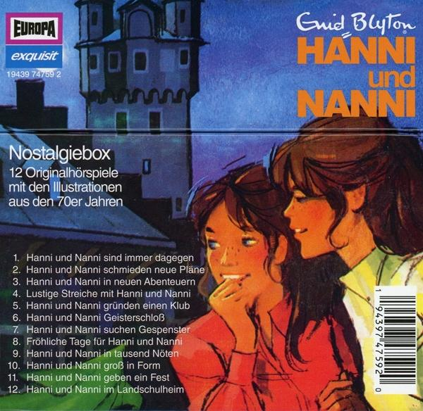 Buchcover mit zwei Mädchen, die sich ansehen. Der Text enthält "Hanni und Nanni" und eine Liste der Kapitel.