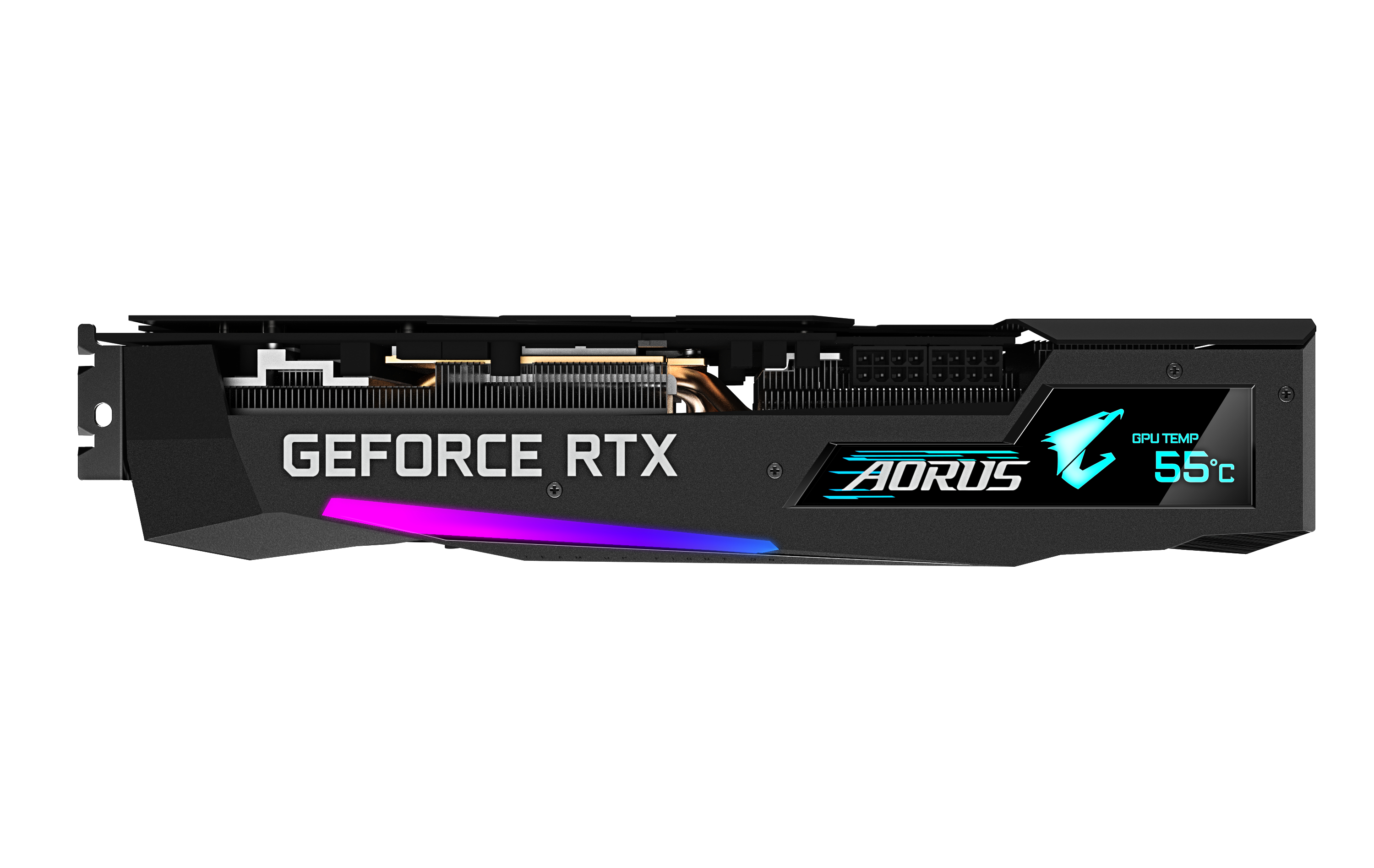 Schwarze Grafikkarte mit GeForce RTX und AORUS Branding, isoliert.