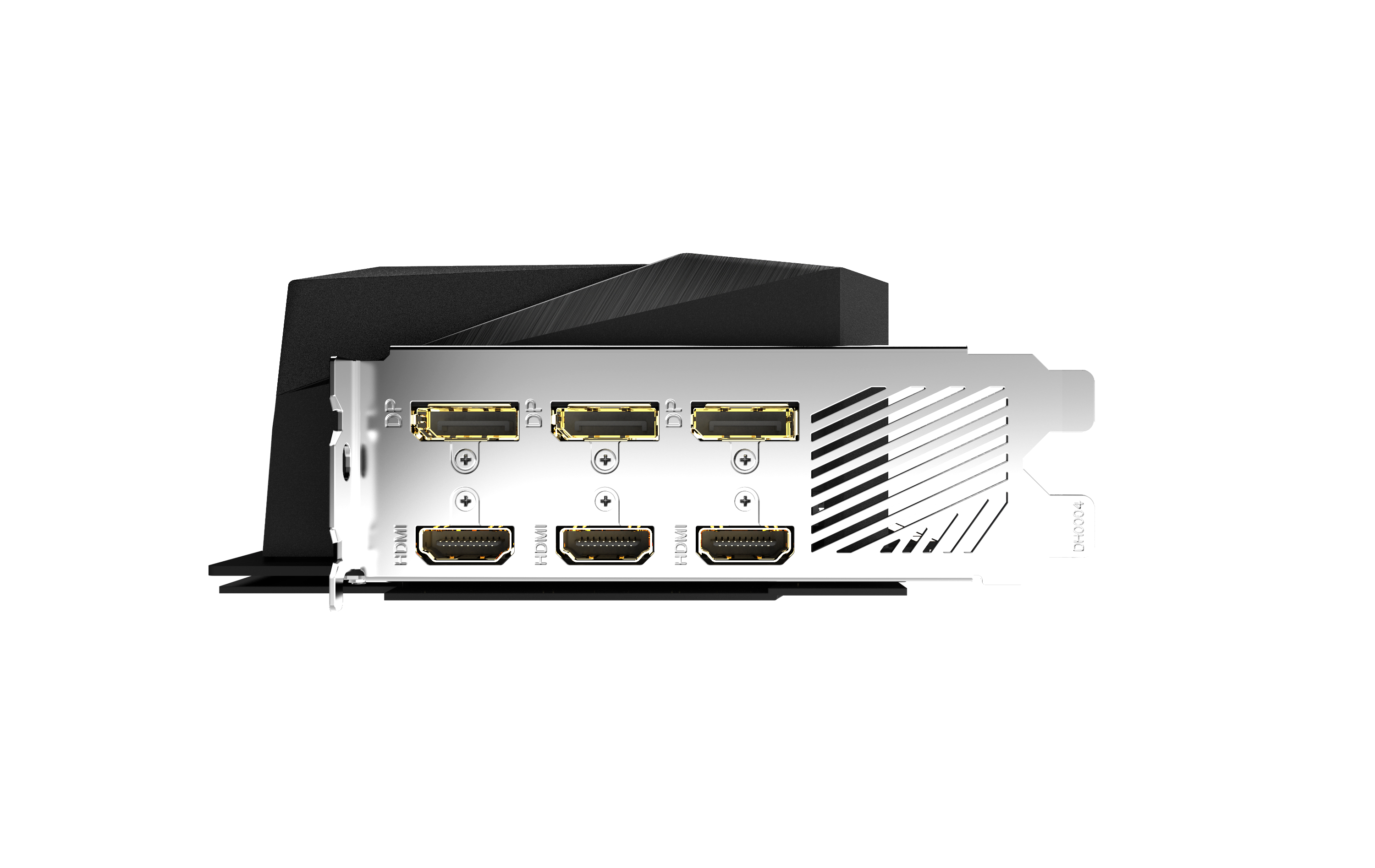 Eine silberne und schwarze Grafikkarte mit mehreren HDMI- und DisplayPort-Anschlüssen, von hinten gesehen.