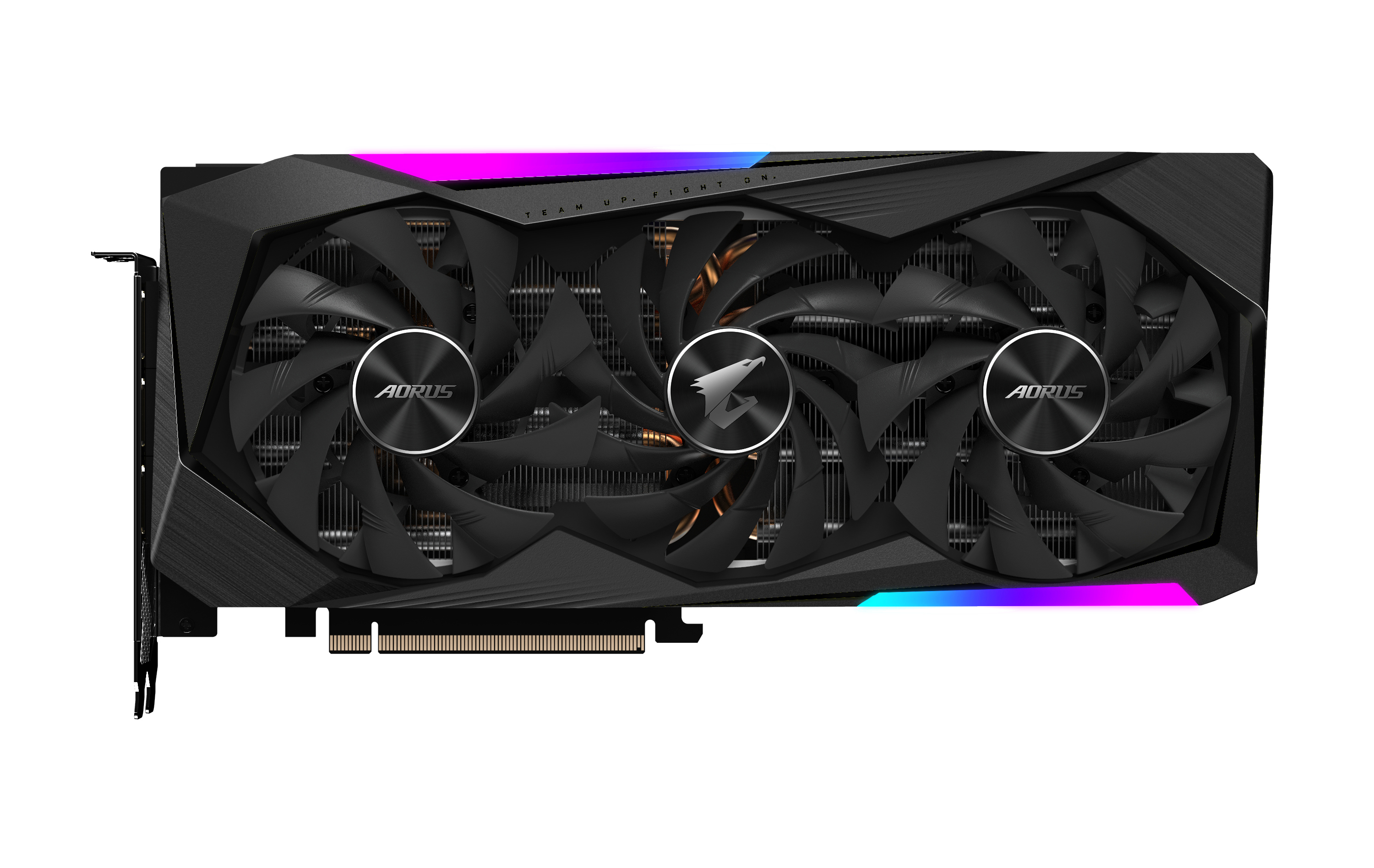 AORUS Grafikkarte mit drei Lüftern, schwarz und farbige Akzente.