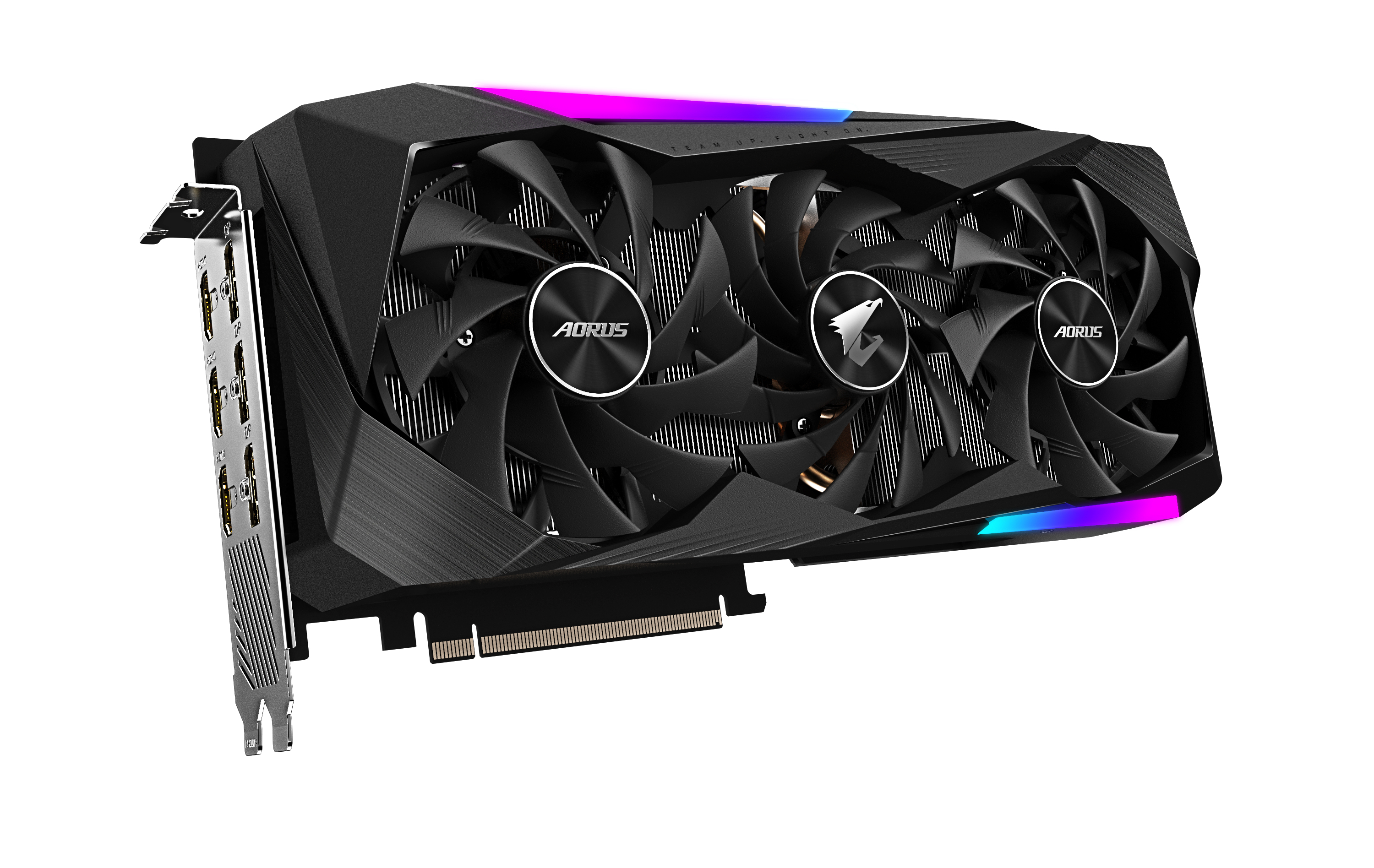 Schwarze und silberne AORUS Grafikkarte mit drei Lüftern und Metallic-Design. Weißer Hintergrund.