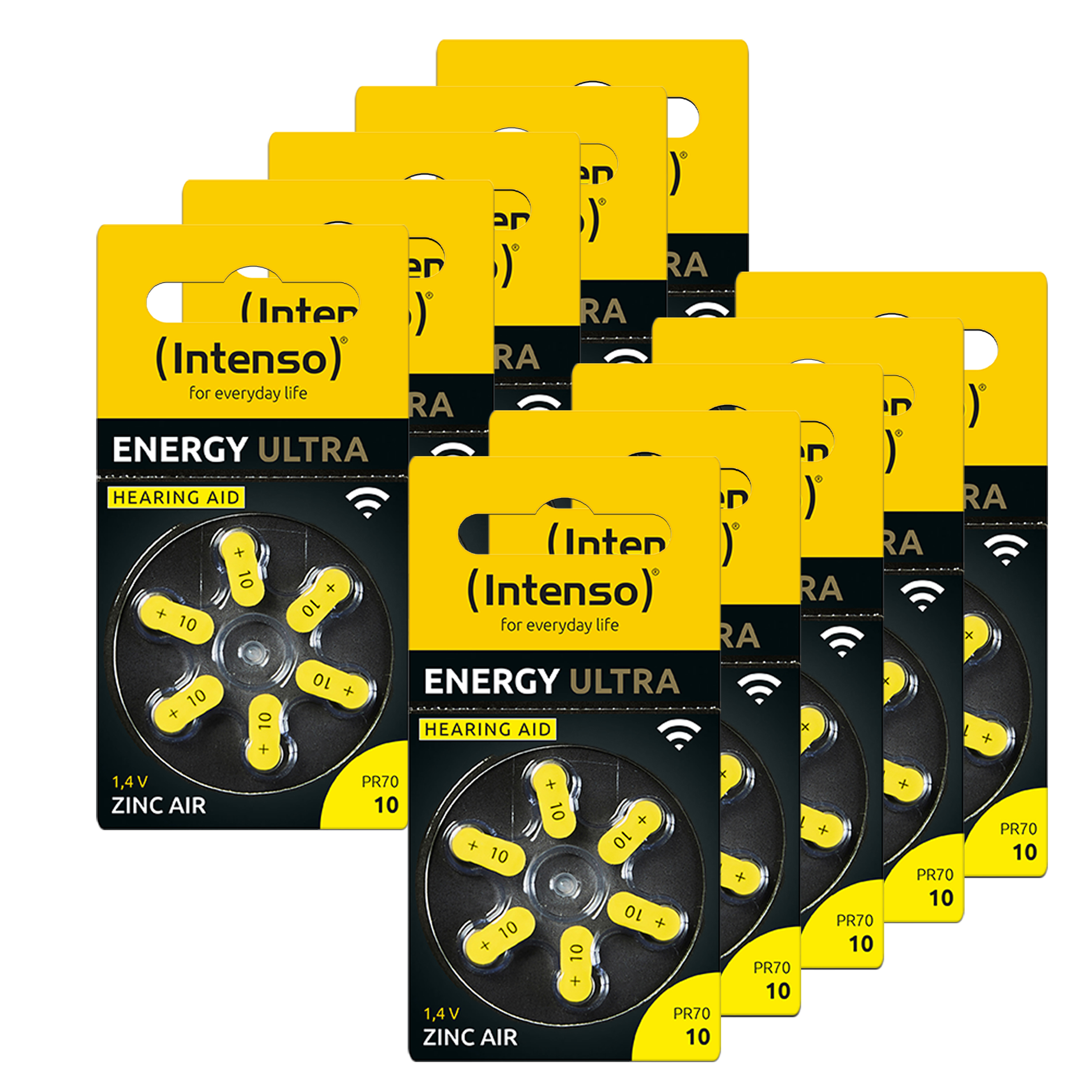 Mehrere Hörgerätebatterien in gelber Verpackung, mit Produktdetails.
