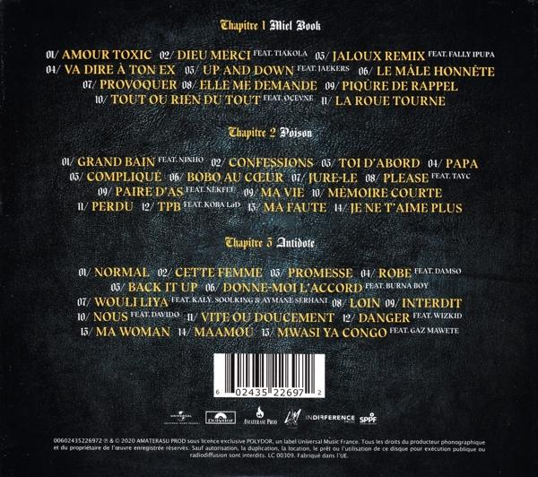 Dos de l'album avec la liste des titres en français. Fond noir avec texte doré.