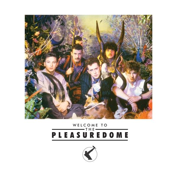 Albumcover für 'Welcome to the Pleasuredome' mit einer Männergruppe und verschiedenen Requisiten.
