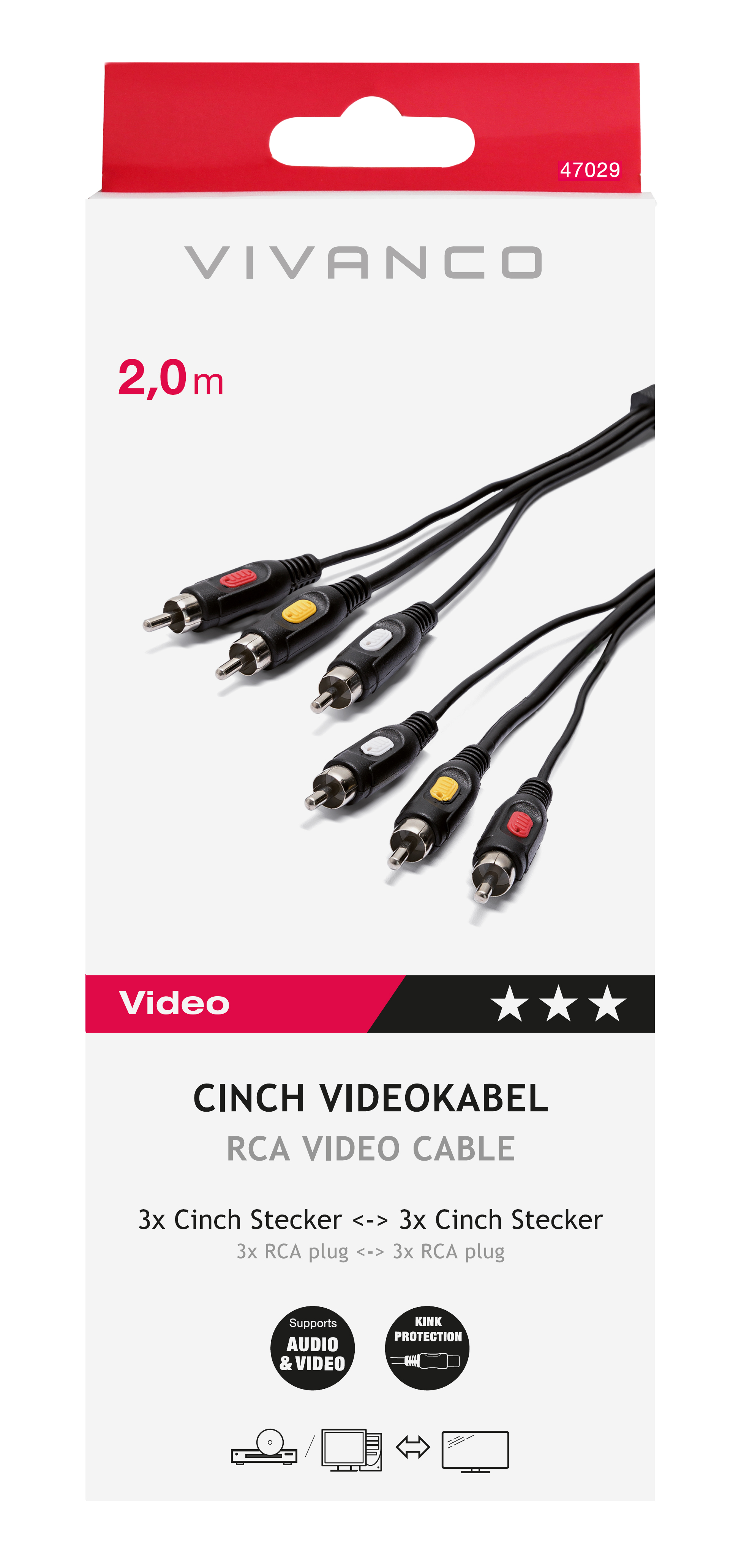 Eine Packung RCA-Videokabel mit drei Anschlüssen und dem Vivanco-Logo.